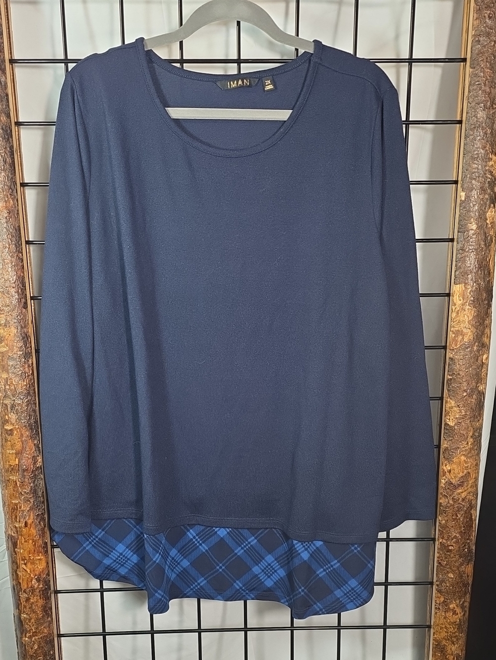 IMAN Navy Long Sleeve Top with Blue Plaid Hem Panel